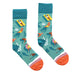 pair of blues socks with pattern of people swimming in water