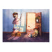 girl standing on a pile of books in front of blue wall aiming a toy bow and arrow at little boy tied up below her leaning against door with two arrows stuck to his face