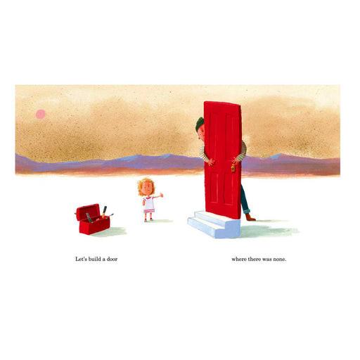 page from book. illustration where a child points to a red door the father is holding. there is a red tool box and text in black also.