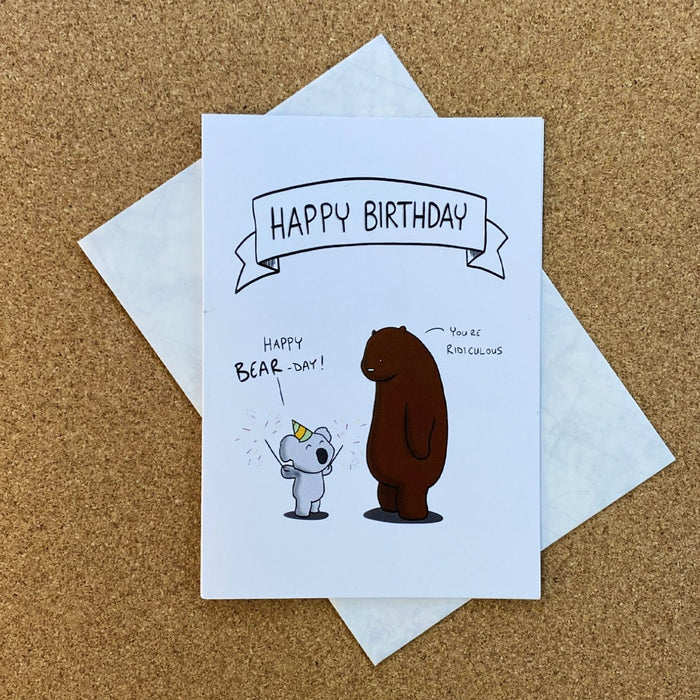 a koala trying to celebrate a grizzly bear's birthday - a card by rob stears 