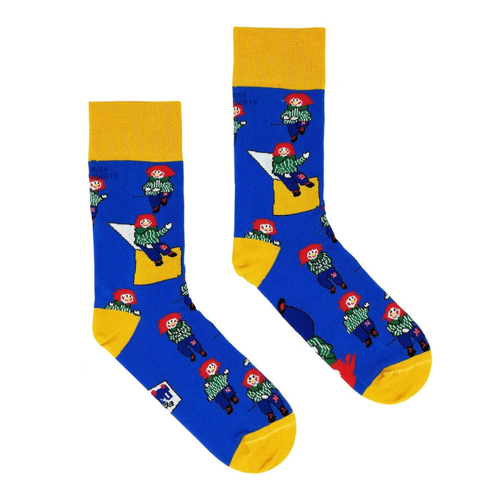 the bosco socks on a white background. they are blue and yellow with bosco motifs over them