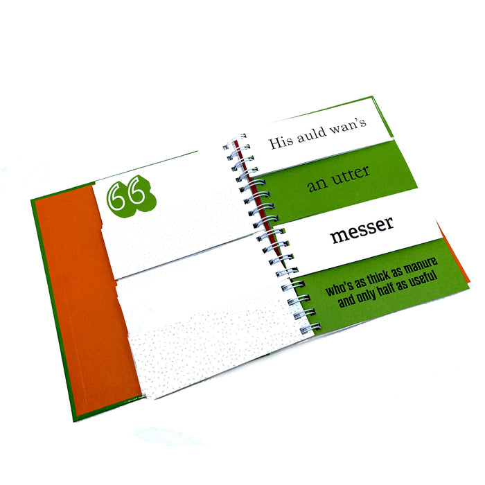 open spread of pages in the book. The inside cover is orange. the flip book pages are open in four slots alternating white and green with text from the book on each. the four slots read ' his auld wan's an utter messer who's as thick as manure and only half as useful'