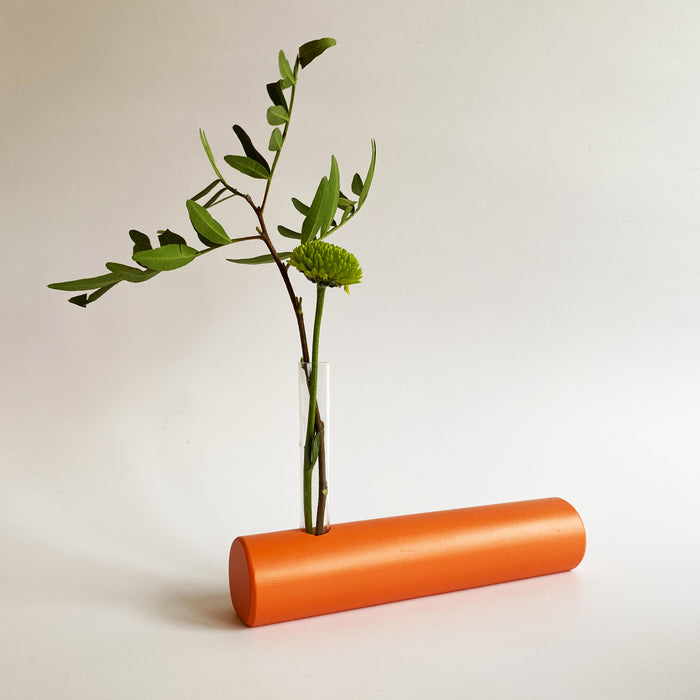 orange vase on wooden table with glass vial and green plants inside