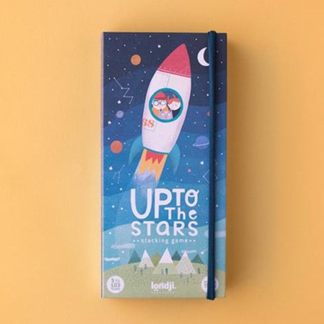 cover of up to the stars stacking game on orange background