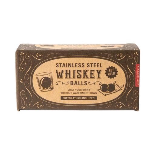 Box of stainless steel whiskey balls against a white background.