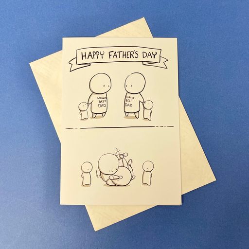 fathers day card with white envelope on blue background. cartoon of two dads with children pulling their arms. they are wearing t shirts that read 'worlds best dad'. underneath there is a second image that shows the two dad wrestling. 